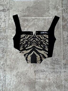 The Kript Zebra Print Cropped Tank Top - Black & Beige